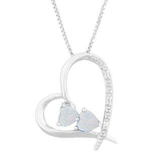 Diamond 2-Stone Opal October Birthstone Heart Pendant In White Gold