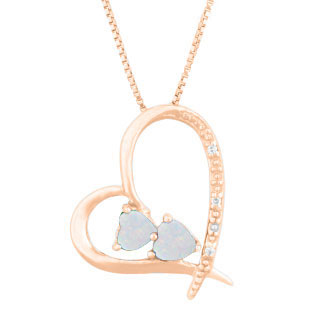 Diamond 2-Stone Opal October Birthstone Heart Pendant In Rose Gold