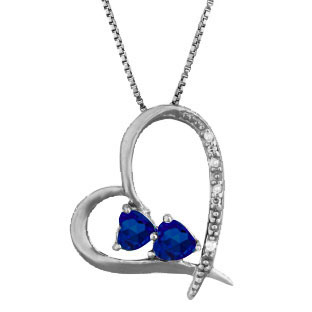 Diamond 2-Stone Blue Sapphire September Stone Heart Pendant Black Rhod White Gol