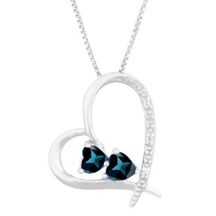 Diamond 2-Stone London Topaz December Birthstone Heart Pendant In Sterling Silve
