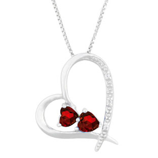 Diamond 2-Stone Garnet January Birthstone Heart Pendant In Sterling Silver