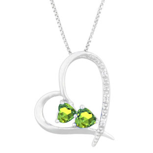 Diamond 2-Stone Peridot August Birthstone Heart Pendant In Sterling Silver
