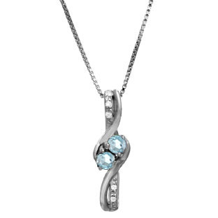 Diamond 2-Stone Aquamarine March Birthstone Pendant Black Rhodium White Gold