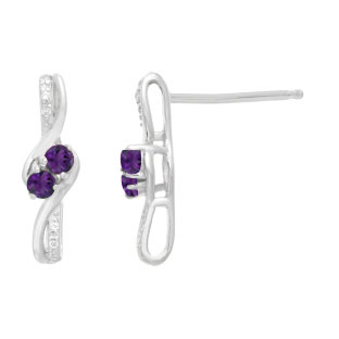 Diamond 2-Stone Amethyst February Birthstone Earrings In Sterling Silver