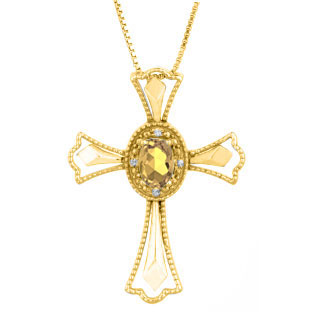 Diamond Oval Yellow Sapphire September Birthstone Cross Pendant In Yellow Gold