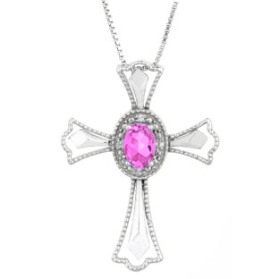Diamond Oval Pink Sapphire Birthstone Cross Pendant In White Gold