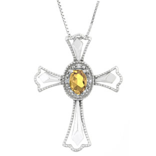 Diamond Oval Yellow Sapphire September Cross Pendant In White Gold