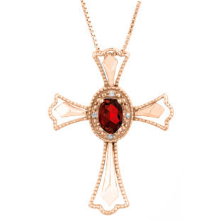 Diamond Oval Garnet January Birthstone Cross Pendant In Rose Gold