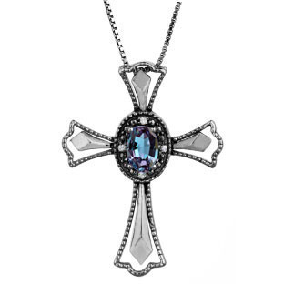 Diamond Oval Alexandrite June Birthstone Cross Pendant In Black Gold