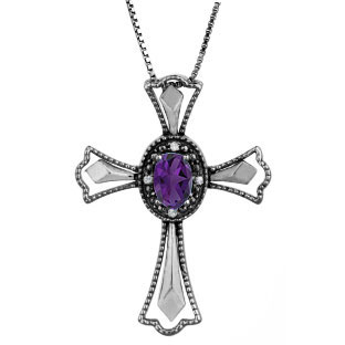 Diamond Amethyst February Birthstone Cross Pendant In Black Rhod White Gold