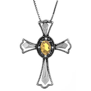 Diamond Citrine November Birthstone Cross Pendant In Black Rhod White Gold