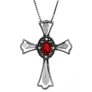 Diamond Garnet January Birthstone Cross Pendant In Black Rhod White Gold