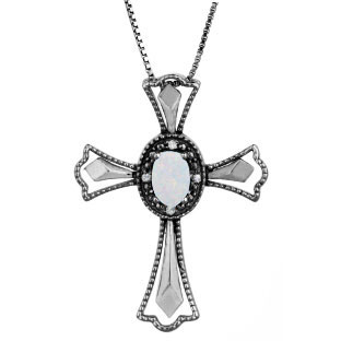 Diamond Opal October Birthstone Cross Pendant In Black Rhod White Gold