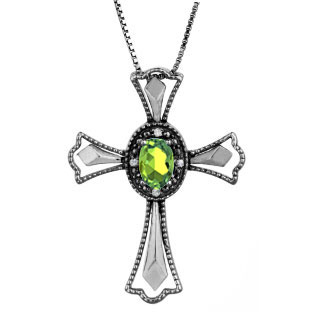 Diamond Peridot August Birthstone Cross Pendant In Black Rhod White Gold