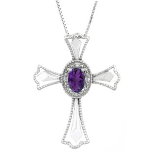 Diamond Oval Amethyst February Birthstone Cross Pendant In Sterling Silver