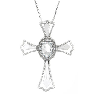 Diamond Oval CZ April Birthstone Cross In Pendant Sterling Silver