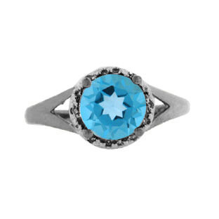 Diamond Round Cut Blue Topaz December Stone Black Rhodium White Gold Ring