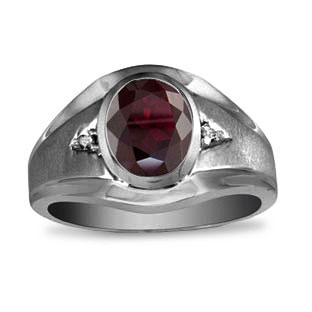 Men's Oval Garnet Diamond Dual Finish Black Rhodium White Gold Ring