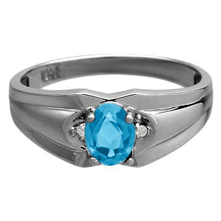 Men's Black Rhodium White Gold Diamond Oval Cut Blue Topaz Stone Ring