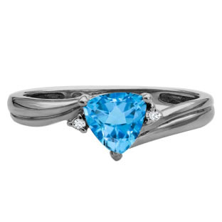 Trillion Cut Blue Topaz Birthstone Diamond Black Rhodium White Gold Ring