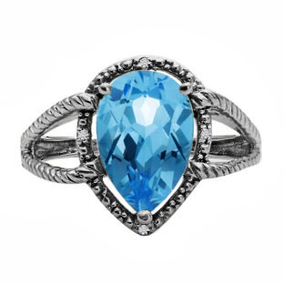 Diamond Pear Shaped Blue Topaz Gemstone Black Rhodium White Gold Ring