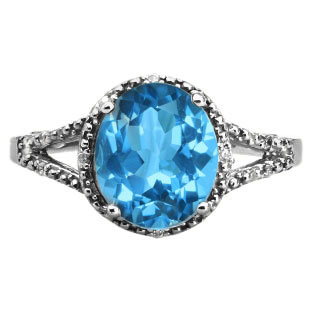 Simple Oval Cut Blue Topaz Diamond Black Rhodium White Gold Ring For Women