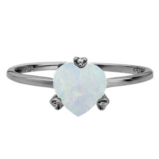 Simple Heart Shaped Opal Gemstone Diamond Black Rhodium White Gold Ring