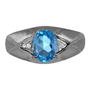 Mens Jewelry - Men's Black Rhodium White Gold Ring Blue Topaz Stone and Diamonds