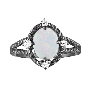 Oval Cut Opal Diamond Black Rhodium White Gold Braided Ring