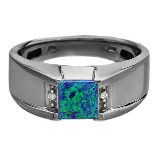 Diamond and Square Australian Opal Men's Black Rhodium Plated White Gold Ring