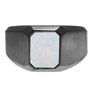 Emerald-Cut Opal Custom Ring For Men In Black Rhodium Plated White Gold