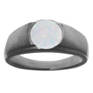 Men's Birthstone Rings - Round Opal Ring In Black Rhodium White Gold