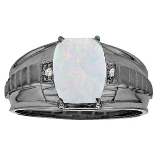 Cushion Cut Opal Diamond Men's Ring In Black Rhodium Plated White Gold