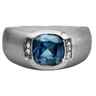 Men's Black Rhodium White Gold Antique Cushion Cut London Topaz Diamond Ring