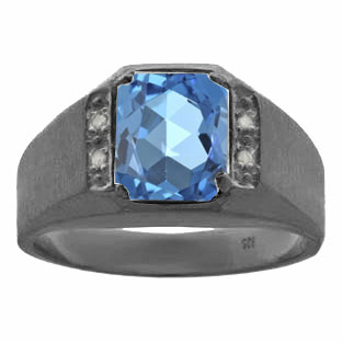 Black Rhodium Plated White Gold Men's Octagon Cut Blue Topaz Diamond Ring