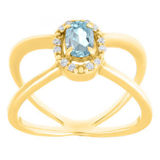 Aquamarine March Birthstone Diamond Double Wave Gemstone Ring In Yellow Gold