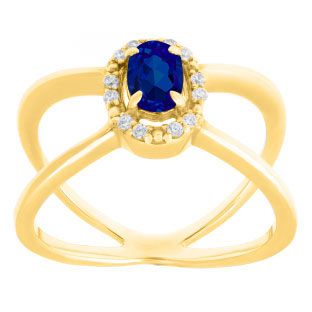 Blue Sapphire September Birthstone Diamond Double Wave Gemstone Ring Yellow Gold