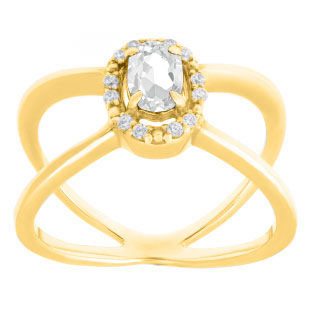 White Sapphire April Birthstone Diamond Double Wave Gemstone Ring In Yellow Gold