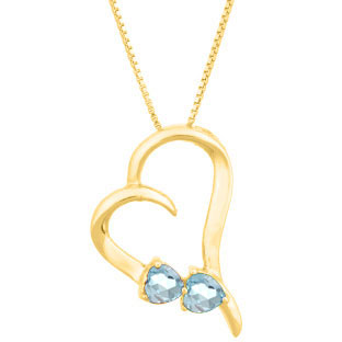 Two Stone Aquamarine March Birthstone Heart Gemstone Pendant In Yellow Gold