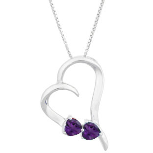 Two Stone Amethyst February Birthstone Heart Gemstone Pendant In Sterling Silver