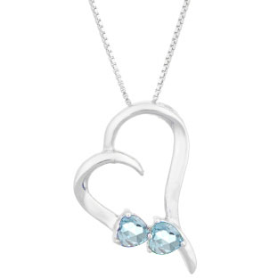 Two Stone Aquamarine March Birthstone Heart Gemstone Pendant In Sterling Silver