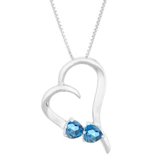 Two Stone Blue Topaz December Birthstone Heart Gemstone Pendant In 925 Silver