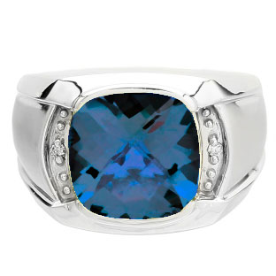 Big Men's Diamond Cushion Cut London Topaz Sterling Silver Ring
