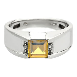 Diamond and Square Citrine Men's Sterling Silver Ring