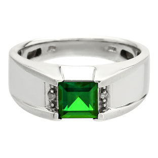 Diamond and Square Emerald Men's Sterling Silver Ring