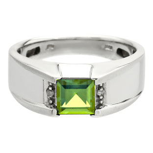 Diamond and Square Peridot Men's Sterling Silver Ring