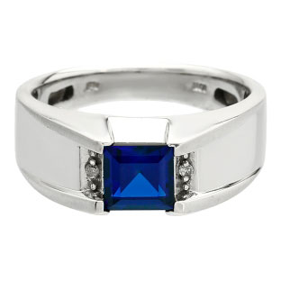 Diamond and Square Sapphire Men's Sterling Silver Ring