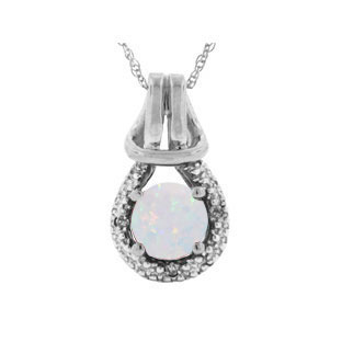 White Gold Opal Gemstone Diamond Love Knot Pendant Necklace