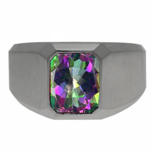 Emerald-Cut Mystic Fire Topaz Gemstone Custom Ring For Men In Black Gold