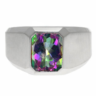 Emerald-Cut Mystic Fire Topaz Gemstone Custom Ring For Men In Sterling Silver